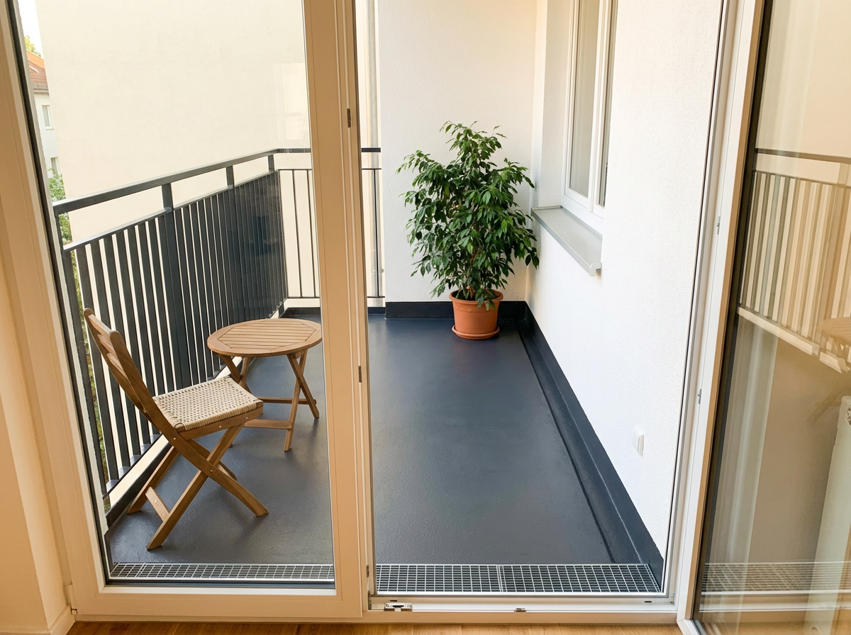 Sanierter Balkon mit Flüssigkunststoff-Abdichtung
